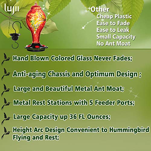 LUJII Hand Blown Glass Hummingbird Feeder for Outdoors Hanging with Ant Guard, 25 fl.oz, Leak Proof & Rustproof, Metal Base with 5 Feeding Ports & 5 Perches, Unique Garden & Backyard Decor (Purple)