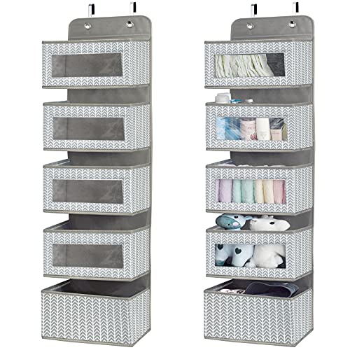 Over The Door Hanging Organizer with 5 Large Pockets - Wall Mount Pantry Storage with Clear PVC Window & 2 Big Metal Hooks for Closet,Bathroom,Nursery,Bedroom,Dorm,Baby Diapers,Kids Toys (Gray)