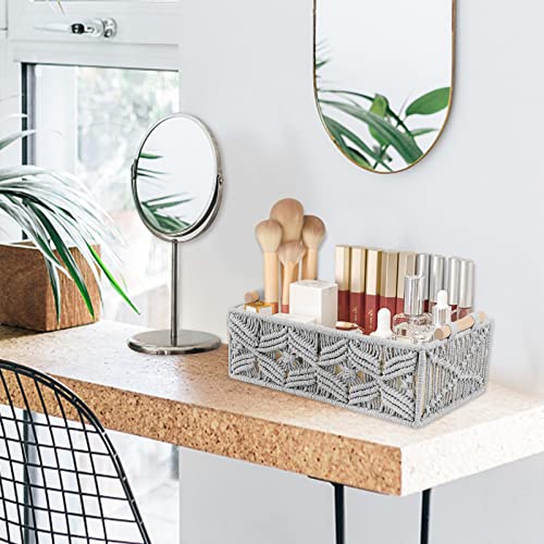 Macrame Storage Basket Boho Decor Bathroom Baskets for Organizing, Toilet Tank Basket for Bathroom Woven Decor Basket with Handle Bedroom Nursery Living room Entryway (Grey)