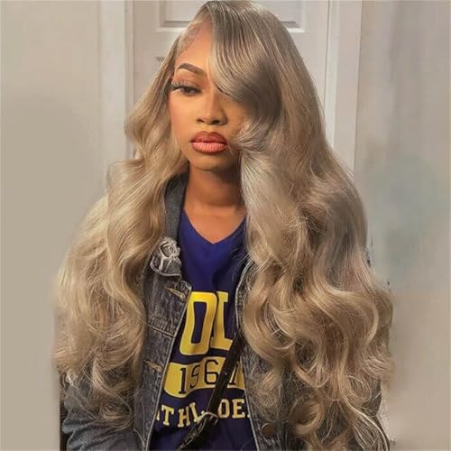Rina 200% Density Milk Tea Ash Blonde Lace Front Wig Human Hair Upgrades Body Wave Platinum Grey Balayage Lace Front Wig More Full and Thicker 13x4 HD Invisible Frontal Wig for Women 18 Inch