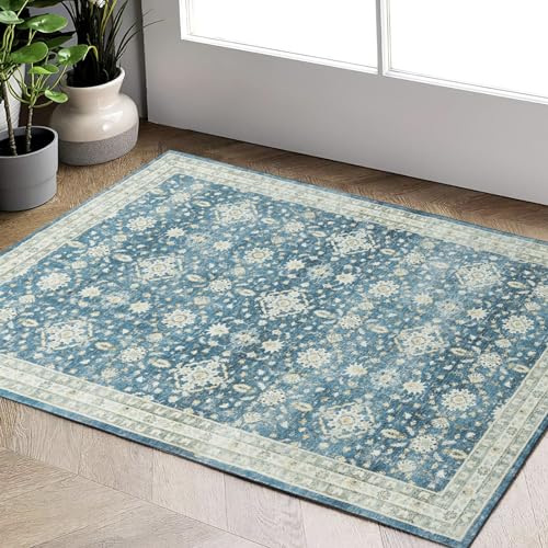 Carvapet Boho Floral Small Area Rug - 2x3 Entry Rug Non-Slip Bohemian Vintage Washable Indoor Door Mat, Throw Rug for The Bedroom, Entryway, or Bathroom(2x3,Blue)
