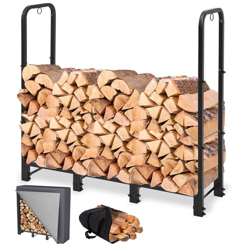 NEOCOZY 4FT Firewood Rack Outdoor with Cover, Heavy Duty Wood Holder with Log Carrier, Adjustable & Waterproof Log Holder Wood Storage Stand for Fireplace Patio Outdoor, Black