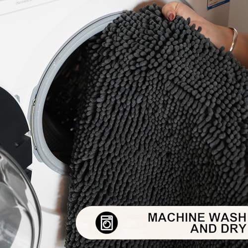Bathroom Rug Mat Non Slip Black Extra Long Bath Mat for Bathroom Floor - Fluffy Soft, Ultra Absorbent and Machine Washable Striped Chenille Noodle Bath Runners Rugs for Bathroom (59" x 20", Black)