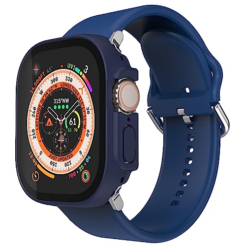 Lasllaves 3 In 1 For Apple Watch Ultra 2 Band and Case 49mm, for Apple Watch Ultra Silicone Soft Strap with PC Hard Cover Built-in Tempered Glass Screen Protector for iWatch Ultra (49mm, Blue)