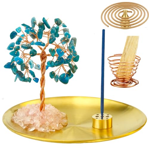 Dreamgirnh Palo Santo Incense Holder, Healing Crystal Tree Incense Burner, Sage Holder for Burning Incense Sticks/Coil/Cones, Smudge Bowl Ash Catcher for Meditation Yoga Spiritual Room Home Zen Decor