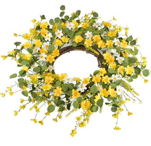 LSKYTOP 24Inches Artificial Daisy Flower Wreath with Eucalyptus Green Leave Spring Summer Wreath for Front Door Wall Decor