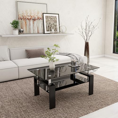 Meihua Rectangle Glass Coffee Table 2-Tier Tea Table Modern Side Coffee Table for Living Room (All Black)