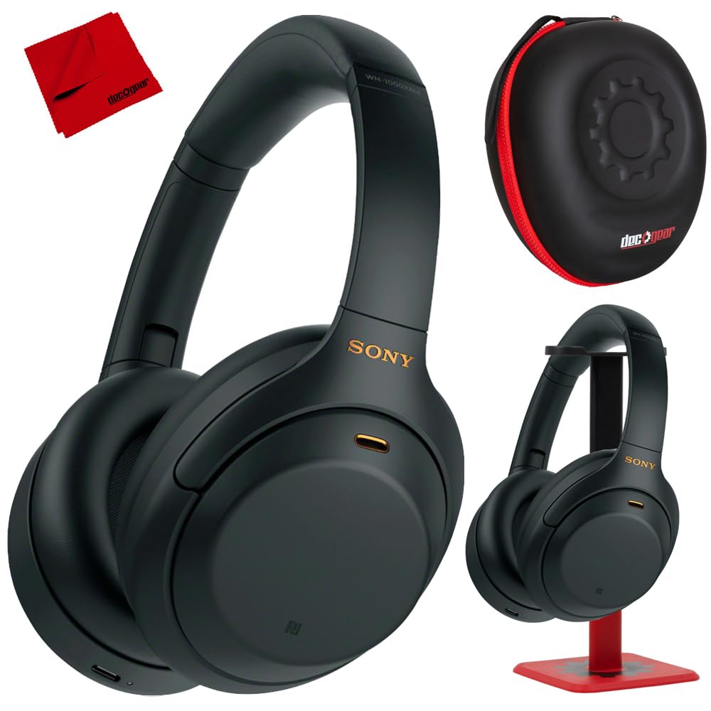 Sony WH1000XM4/B Premium Noise Cancelling Wireless Over-The-Ear Headphones with Built in Microphone Black Bundle with Deco Gear Hard Case + Pro Audio Headphone Stand + Microfiber Cleaning Cloth