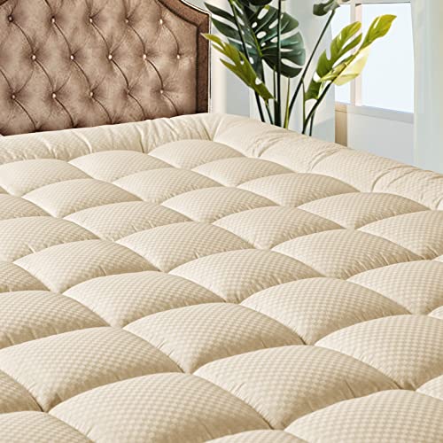 MATBEBY Bedding Quilted Fitted Twin Mattress Pad Cooling Breathable Fluffy Soft Mattress Pad Stretches up to 21 Inch Deep, Twin Size, Beige, Mattress Topper Mattress Protector