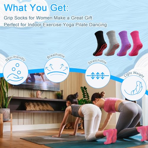 ELUTONG Grip Socks Pilates for Women Yoga Socks Ballet Barre Bikram Dance Non Slip Socks 4-10 Pairs Sticky Crew Socks