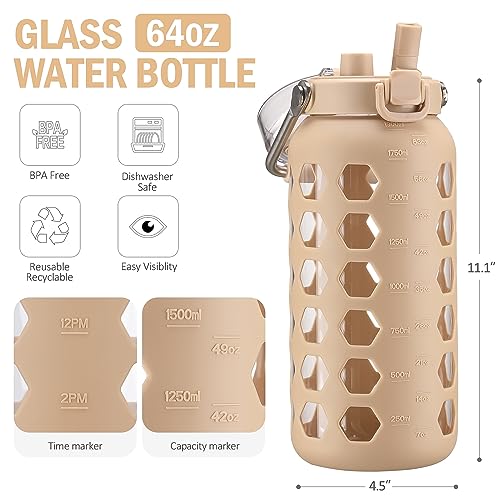 MUKOKO 64oz Glass Water Bottles with Straw and Lid,Half Gallon Water Bottle with Time Marker,Large Glass Water Jug with Silicone Sleeve and Stainless Steel Handle-Amber