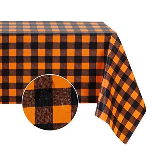 Romanstile Rectangle Vinyl PVC Tablecloth, 100% Waterproof Buffalo Plaid Plastic Table Cloth, Oil Proof Heavy Duty Wipeable Table Covers for Dining/Camping/Picnic/Outdoor - 54 x 78, Orange and White