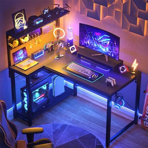 Homieasy Small Gaming Desk with Power Outlets Pegboard LED Light, 43 Inch L Shaped Computer Desk with Monitor Stand Storage Shelves, Reversible Corner Desk with Headset Hooks, Carbon Fiber Black