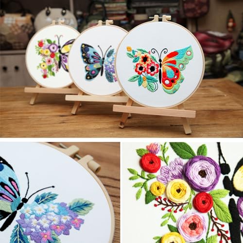 KAHEAUM Embroidery Kit for Beginners Adults Butterfly Cross Stitch Kits for Kids Gift Home,3 Set Advanced Starter Embroidery Patterns Fabric with Color Floss Thread Needle Scissors,3PCS Plastic Hoops