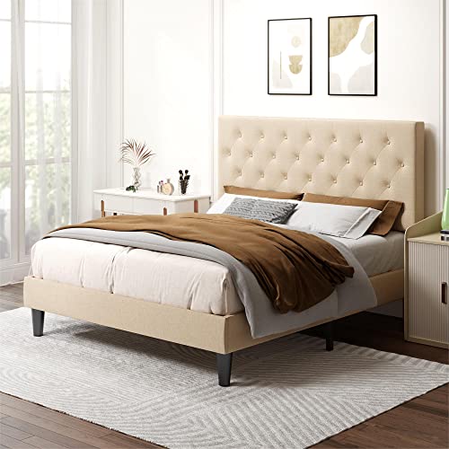 Allewie Full Size Bed Frame with Adjustable Headboard/Diamond Stitched Button Tufted/Fabric Upholstered Platform Bed Frame/Wood Slat Support/No Box Spring Needed/Easy Assembly, Beige