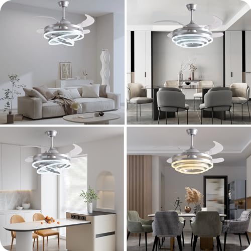 Panghuhu88 42" Invisible Ceiling Fan Chandelier Light,Modern DIY Ceiling Fan Light Remote Control 4 Retractable ABS Blades for Bedroom Living Dining Room Decoration (Silver)