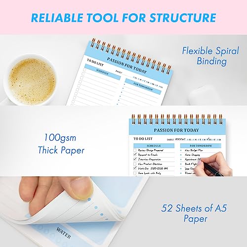 NPET Daily Planner Notepad, 52 Sheets Tear Off To Do List Notebook for Productivity, A5 Size of Spiral Undated Planner and Organizer for Work, Study (Set of 3 Blue)