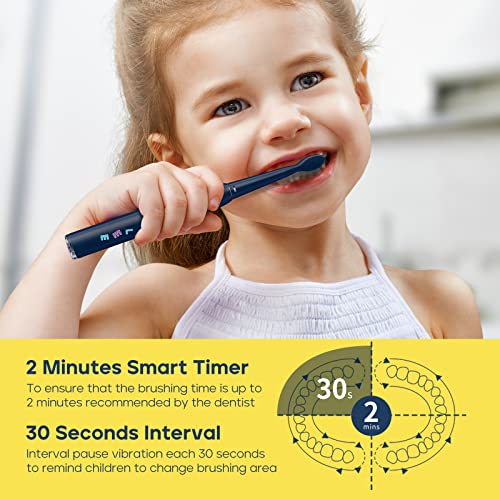 SEAGO Kids Electric Toothbrush, Rechargeable Sonic Soft Bristle Toothbrushes with 8 Brush Heads, DIY Stickers and 5 Modes, Ideal for Kids and Children, Ages 3–12(Navy)