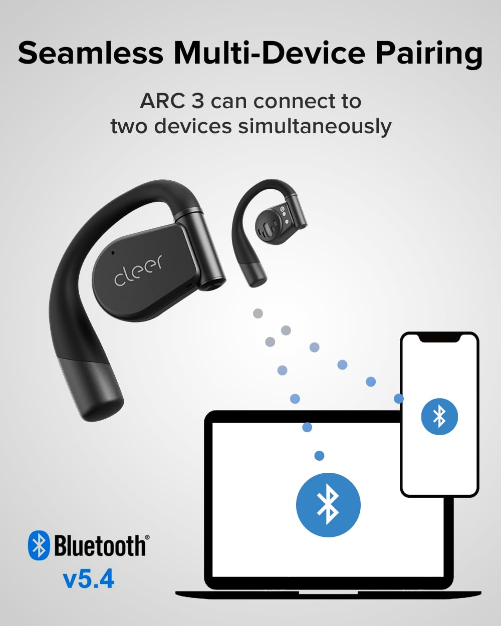 Cleer ARC 3 Open Ear Headphones - Dolby Audio, Snapdragon Sound True Wireless Earbuds, 50Hr Battery, Bluetooth 5.4, IPX 7, Multi-Point, Smart Controls, Wireless Charging Smart Case, Comfort Fit, Black