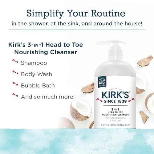Kirk's 3-in-1 Head to Toe Nourishing Liquid Cleanser- for Men, Women & Children - Premium Coconut Oil & Aloe Vera- Non GMO & Vegan -Fragrance Free - 32 Fl Oz.