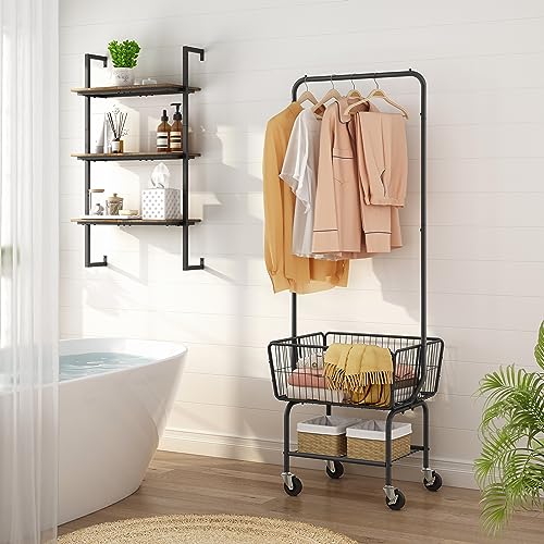 Tajsoon Laundry Cart with Hanging Rack, Metal Laundry Basket with Wheels, Laundry Hamper with Storage Basket and Shelf, Rolling Laundry Cart with Wheels, Black