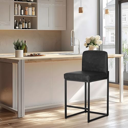 ALPHA HOME Counter Height Bar Stools, 24” Kitchen Counter Stools Set of 1, Pu Leather Kitchen Modern Bar Chairs with Back&Footrest, Sturdy Chromed Metal Steel Frame, Black
