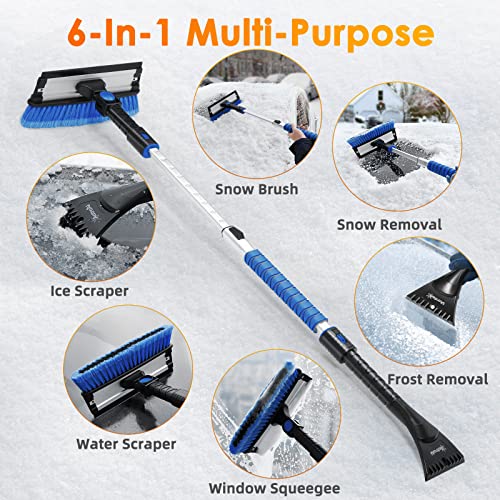 AstroAI 47.2" Ice Scrapers for Car Windshield, 3 in 1 Sturdy Snow Brush with Squeegee, 10 Adjustable Length Settings, Extendable Aluminum Handle, 180° Pivoting Snow Scraper for Car, Truck, SUV(Blue)