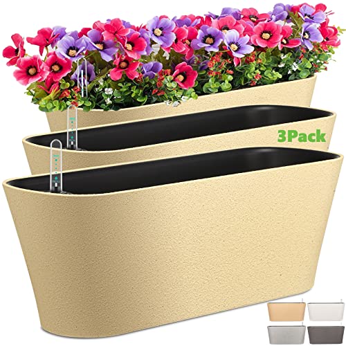 GS Garden 16" Self Watering Planters Window Box 2 Pack with Water Level Indicator Herbs Plants (Rocky Black)