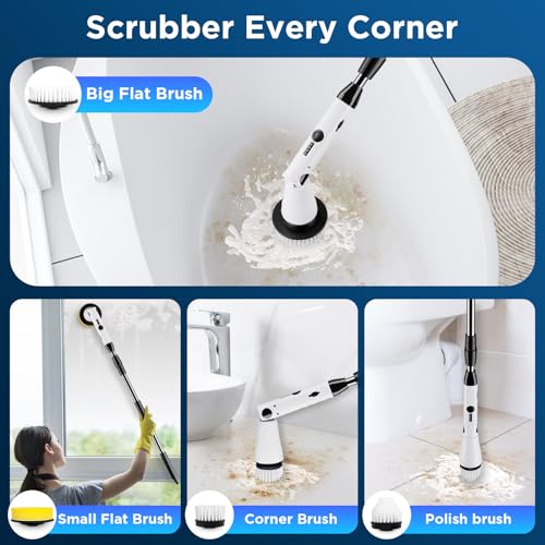 Electric Spin Scrubber, 2024 New Bathroom Cleaner, Power Shower Cleaning Brush with Extendable Handle & 4 Brush Heads, Shower Scrubber for Bathtub Tile Grout Kitchen Window and Floor