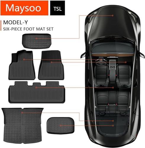 Maysoo Floor Mats for Tesla Model Y 2024-2020 All Weather TPE Cargo Liner Floor Mats and Cargo Trunk Mats Accessories (Set of 6 - Not Fit 7-Seat)