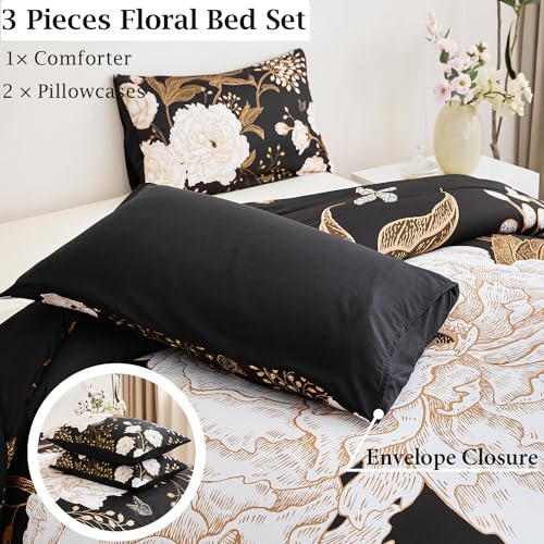 ANGIYUIN Black Floral Full Size Comforter Set White Flowers Bedding Set 3 Pcs Gold Leaves Butterfly Botanical Bedding Comforter Set Soft Farmhouse Bed Sets for Women Men