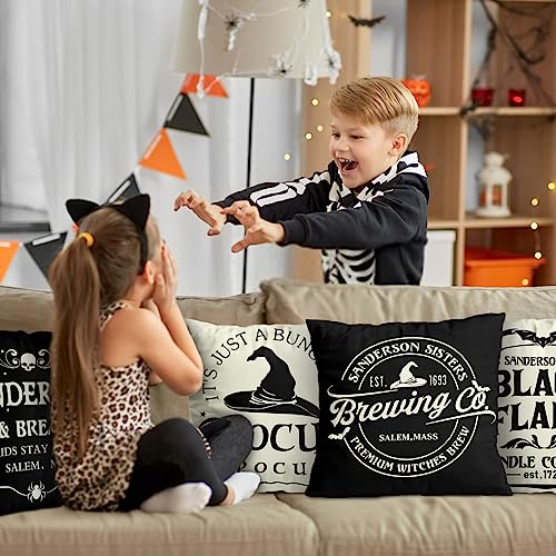 Halloween Decorations Pillow Covers 16x16 Set of 4 Halloween Decor Hocus Pocus Farmhouse Saying White Black Outdoor/Indoor Fall Pillow Covers Decorative Cushion Cases for Home Sofa Couch Bed Chair