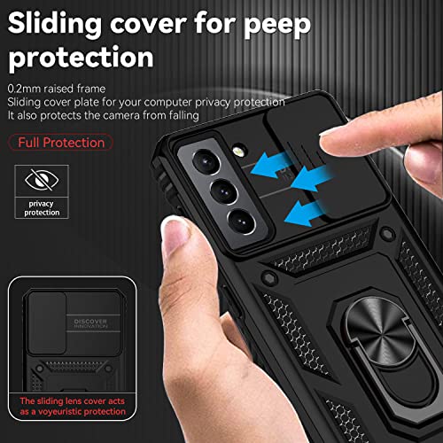 for Samsung Galaxy S21 FE 5G Case with Camera Lens Cover HD Screen Protector, Military-Grade Drop Tested Magnetic Ring Holder Kickstand Protective Phone Case for Samsung Galaxy S21 FE 5G (Black)