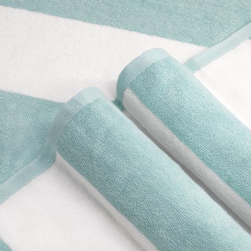 CLOWOOD Plush Oversized Beach Towel - Cotton 40 x 72 Inch Large Thick Aqua Striped Cabana Pool Swimming Towel