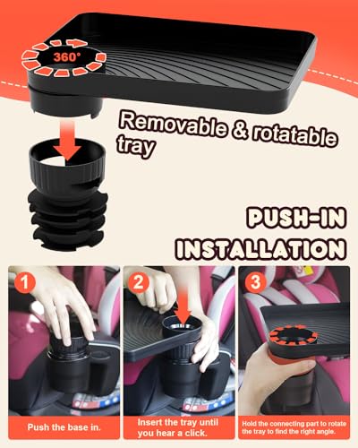 SEVEN SPARTA Car Seat Tray for Kids Toddler Travel with Soft Rubber Base, Rotatable and Removable Cup Holder Snack Tray for Food Color and Play for Family Road Trip Essentials (1, Large Base)