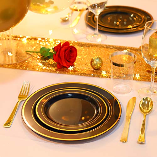 bUCLA 100 Pieces Black and Gold Plastic Plates Disposable - 7.5inch Disposable Salad/Dessert Plates with Gold Rim - Ideal for Halloween,Wedding,Party