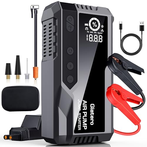 Giatero Q21 4000A Portable Car Jump Starter with Air Compressor 150PSI, 12V Car Jump Box Car Battery Jumper Starter with Air Compressor(Up to 9L Gas/8L Diesel), Large LCD Display, 3 Lights