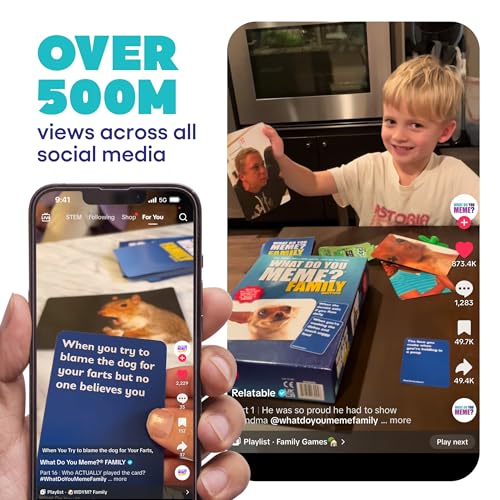 WHAT DO YOU MEME? Family Edition by Relatable, Kids Games for Kids 8+, Christmas Games for Families, The TikTok Viral Sensation, Includes 300 Caption Cards, 65 Photo Cards, and Game Instructions