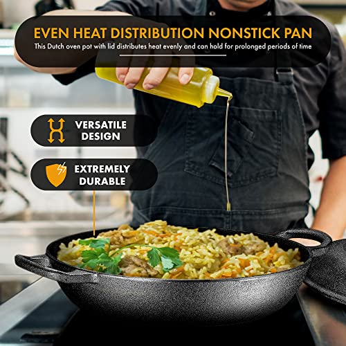 Bruntmor 3.8 Quart Enamel Cast Iron Dutch Oven With Handles And Lid, 3.8 Qt Black Cast Iron Skillet, Enamel Shallow Cookware Braising Pan For Casserole Dish, Crock Pot Covered With Cast Iron- Black