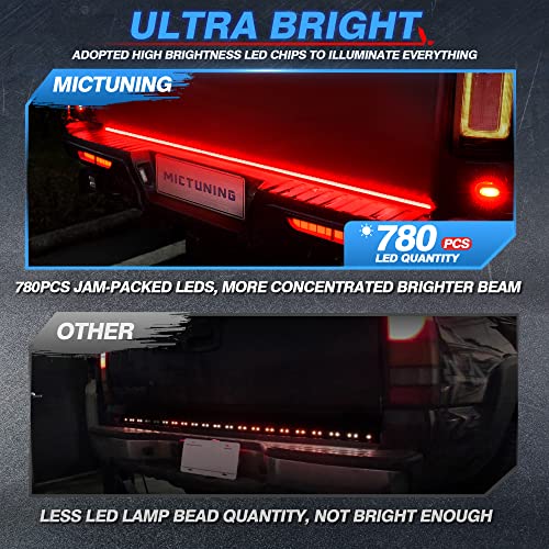 MICTUNING 47 Inch LED Tailgate Light Bar Triple Row Full Function Sequential Amber Turn Signal - Aluminum Frame Light Strip for Trucks Waterproof with 4-Way Flat Connector