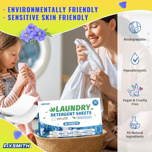 FIXSMITH Laundry Detergent Sheets - 60 Loads (30 Sheets) Fresh Linen Scent - Hypoallergenic,Eco Friendly Laundry Soap Sheets Ultra-Concentrated Travel Detergent Sheets.Plastic-Free,Liquidless.