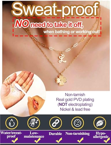 FROMORF Non Tarnish Lucky Clover Initial Necklaces for Teen Girls Women, Layered Cute Letter Pendant Necklace 18K Gold Plated/Silver Stainless Steel Paperclip Chain Shamrock Jewelry Gifts