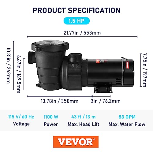 VEVOR Swimming Pool Pump, 1.5 HP 230 V, 1100 W Double Speed Pump for Above Ground Pool w/Strainer Basket, 5400 GPH Max. Flow, Certification of ETL for Security