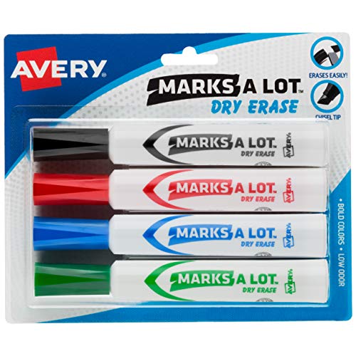 AVERY Marks A Lot Dry Erase Markers, Low Odor White Board Markers with Chisel Tip, 4 Assorted Colors (24409)