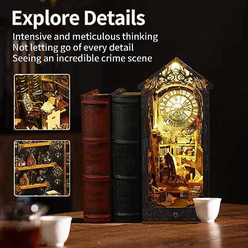 CRIOLPO Book Nook Kit - DIY Dollhouse Booknook, Book Nook Miniature Kit for Bookshelf Insert Decor Crafts for Adults Teen Halloween, 3D Wooden Puzzle Bookends with Sensor Led Light