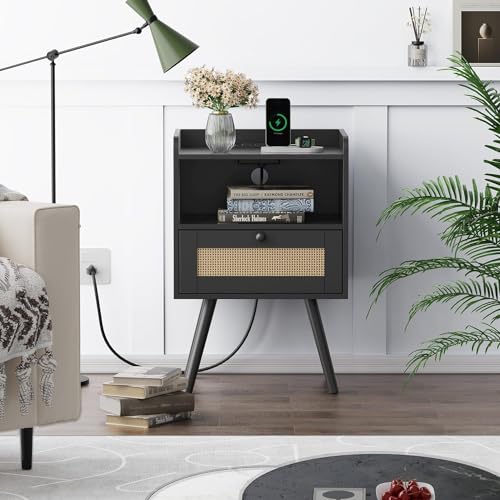 SUPERJARE Nightstand with Charging Station & Rattan-Like Decor Drawer, Rattan End Table with Solid Wood Feet, Bed Side Table with Open Storage, for Bedroom, Living Room, Dormitory - Black - 8021BC