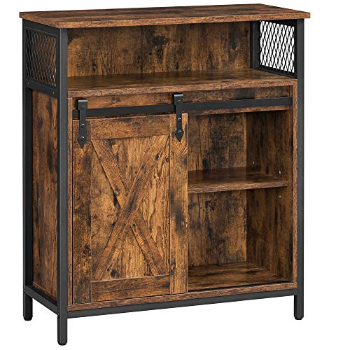 VASAGLE Buffet Cabinet, Sideboard with Open Compartment, Sliding Barn Door, 11.8"D x 27.6"W x 31.5"H, Rustic Brown and Black ULSC089B01