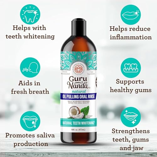 GuruNanda Coconut Oil Pulling with 7 Essential Oils and Vitamin D3, E, K2, Helps with Fresh Breath, Teeth & Gum Health & More - 16 fl oz