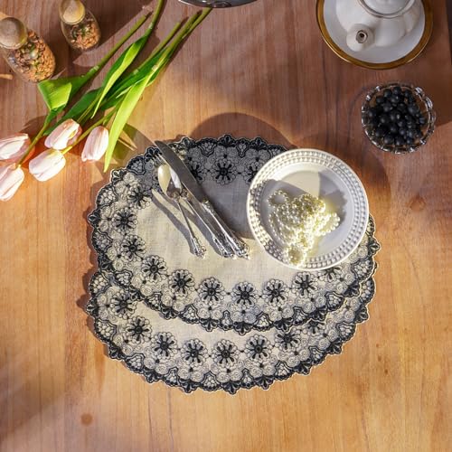 ARTBLOSS Placemats, Lace Place Mats Macrame Oval Embroidered Farmhouse Fabric Rustic Decorative Placemat 12 x 18 Inch Doilies for Kitchen Dining Wedding Fall Outdoor Indoor (Black, 2 Packs)