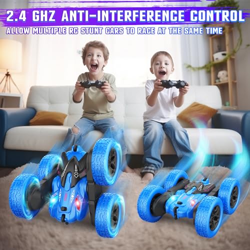 Terucle Remote Control Car, Rc Cars Stunt RC Car Toys New Upgraded Strip Lights and Headlights Car Toys Double-Sided 360° Rotating 4WD Rc Drift Truck for Boys Girls Birthday Gift (Blue)